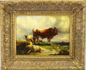 Painting Of A Cow, Ram And Two Sheep In A Landscape by Thomas Sidney Cooper