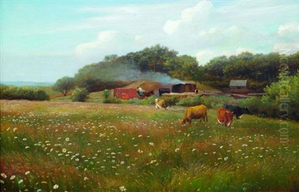 View Of A Farmstead With Cattle Grazing In A Meadow With Flowers And Woodland Beyond - view 1