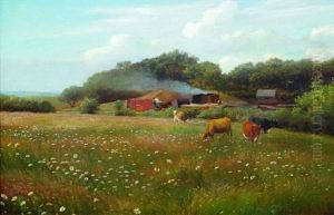 View Of A Farmstead With Cattle Grazing In A Meadow With Flowers And Woodland Beyond by William Sidney Cooper