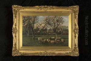 Sheep And Cattle In An Orchard In Spring by William Sidney Cooper