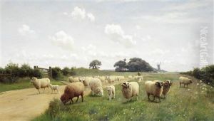 Sheep And Shepherd On A Country Path With A Windmill Beyond by William Sidney Cooper