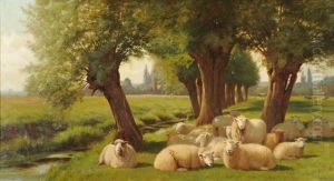 Sheep In A Sunlit Meadow With Willow Trees Beside A Stream Nearby by William Sidney Cooper