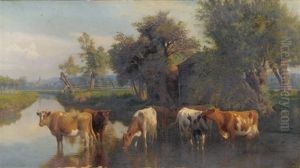 Summer Landscape With Cattle Watering In The Foreground Summer Landscape With Cattle Watering In The Foreground