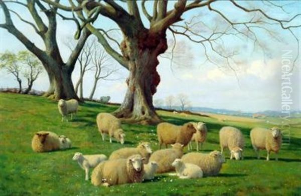 Sheep And Lambs In An Early Spring Landscape by William Sidney Cooper