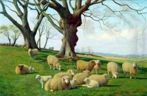 Sheep And Lambs In An Early Spring Landscape by William Sidney Cooper