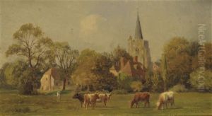 Cattle Grazing, A Village Church Beyond Cattle Grazing, A Village Church Beyond