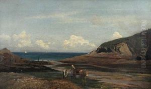 View Of Hele Bay, North Devon, With Villagers With A Donkey Cart Harvesting The Shoreline