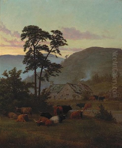 Cattle Resting In A Mountainous Landscape, A Farm Beyond - view 1