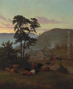 Cattle Resting In A Mountainous Landscape, A Farm Beyond Cattle Resting In A Mountainous Landscape, A Farm Beyond