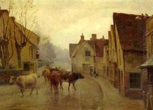 A Street Scene With A Herdsman And Cattle A Street Scene With A Herdsman And Cattle