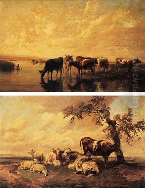 Bull, Cows And Sheep In A River Landscape - view 1