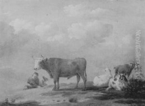 Herder, Cow, And Goats On A Hillside by William Sidney Cooper