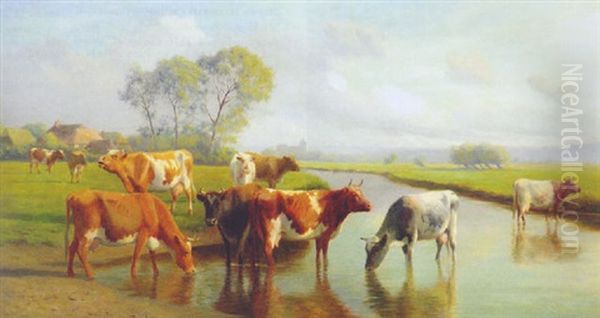 Cattle Watering In A Meadow, A Village Beyond - view 1