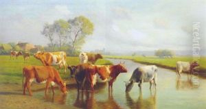 Cattle Watering In A Meadow, A Village Beyond Cattle Watering In A Meadow, A Village Beyond
