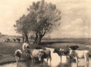 Cattle Watering By A Stream, A Village Beyond Cattle Watering By A Stream, A Village Beyond
