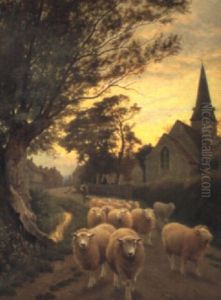 A Kentish Village With A Sheep Drover At Dusk by William Sidney Cooper