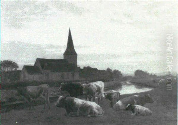 A Canal Landscape With Cattle On A Bank, A Village Church   Beyond - view 1
