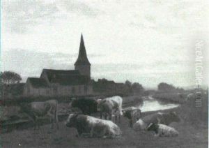 A Canal Landscape With Cattle On A Bank, A Village Church   Beyond