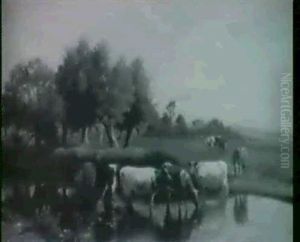 Watering Cows In Landscape by William Sidney Cooper