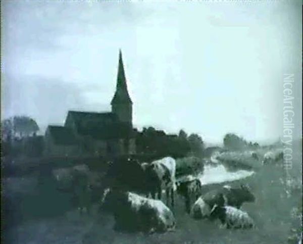 Herd Grazing Near Village Church, Evening - view 1