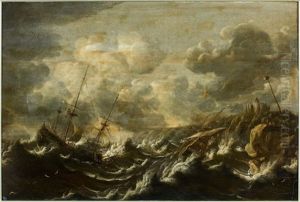 Deux Navires Dans La Tempete Pres D'un Littoral Rocheux