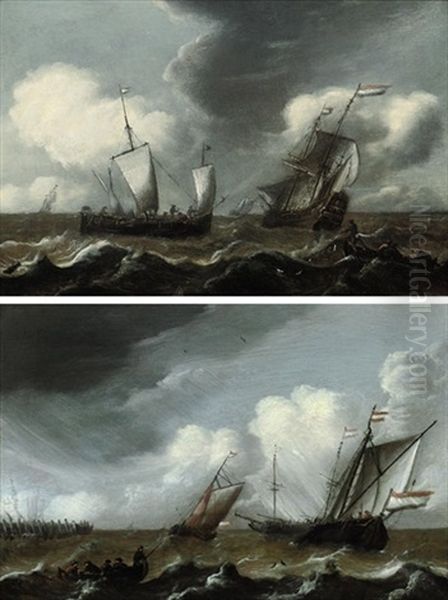 A Dutch Schooner, A Man-o-war, And A Fishing Boat In Stormy Seas (+ Dutch Schooners And A Landing Skiff Approaching The Harbor; Pair) - view 1
