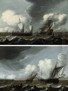 A Dutch Schooner, A Man-o-war, And A Fishing Boat In Stormy Seas (+ Dutch Schooners And A Landing Skiff Approaching The Harbor; Pair) by Pieter Coopse