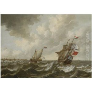 Dutch Shipping In Stormy Waters, Off The Coast Of Middelburg, With A View Of Vlissingen And The Fort Rammekens In The Distance by Pieter Coopse