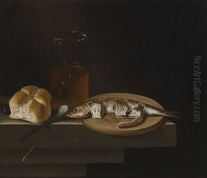 Still Life Of Herring On A Plate With A Bread Roll, A Glass Of Beer And An Onion