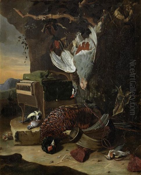 A Dead Pheasant With Dead Song Birds At The Foot Of A Tree - view 1