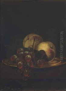 Peaches And Grapes On A Gold Platter, On A Wooden Ledge by Adriaen Coorte