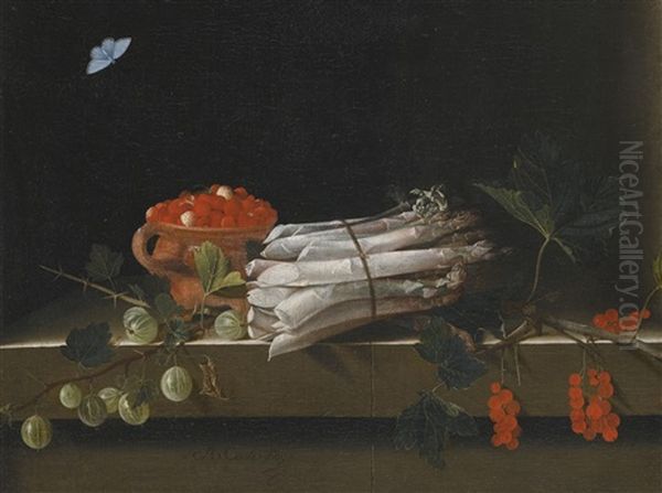 Still Life Of An Earthenware Bowl Of Wild Strawberries, A Bundle Of Asparagus And Sprigs Of Gooseberry And Redcurrants, All On A Stone Ledge With A Pale Blue Butterfly Above by Adriaen Coorte