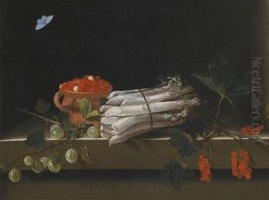 Still Life Of An Earthenware Bowl Of Wild Strawberries, A Bundle Of Asparagus And Sprigs Of Gooseberry And Redcurrants, All On A Stone Ledge With A Pale Blue Butterfly Above by Adriaen Coorte