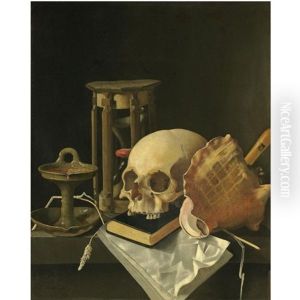 A Vanitas Still Life, With A Skull, An Hourglass, An Oil Lamp, A Conch Shell, A Closed Book, A Recorder, A Musical Score, Together With Some Scattered Ears Of Corn, All Upon A Stone Ledge by Adriaen Coorte