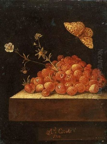 Strawberries In A Pot On A Stone Ledge With A Butterfly - view 1