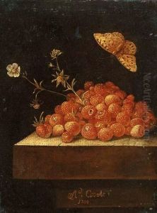 Strawberries In A Pot On A Stone Ledge With A Butterfly by Adriaen Coorte