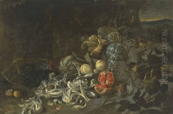 Fruit And Vegetables By A Basket, A Landscape Beyond - view 1
