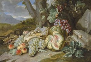 Melons, Grapes, Peaches And Corn With A Snake, In A Landscape