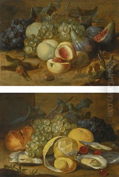 Still Life With Lemons, Oysters And Cherries; Still Life With Peaches And Figs by Alexander Coosemans