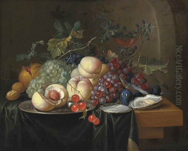 Peaches, Grapes, A Pomegranate And Other Fruit With A Walnut, Oysters And A Facon-de-venise Wine-glass On A Draped Wooden Ledge - view 1