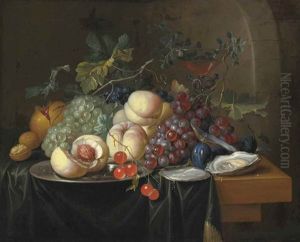 Peaches, Grapes, A Pomegranate And Other Fruit With A Walnut, Oysters And A Facon-de-venise Wine-glass On A Draped Wooden Ledge by Alexander Coosemans