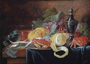 Grapes, A Lemon, Crabs, Bread And A Silver Jug, All On A Wooden Ledge by Alexander Coosemans