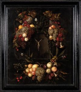 Guirlande De Fruits Et De Fleurs Autour D'un Crucifix