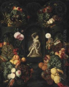 A Sculpture Of Venus And Amor, Surrounded By A Garland Of Roses And Fruit