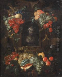 A Sculpted Bust In A In A Niche Surrounded With Swags Of Fruit
