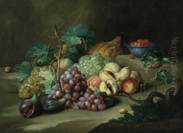 Stillleben Mit Weintrauben, Feigen, Pfirsichen, Erdbeeren Und Einer Korbflasche - view 1