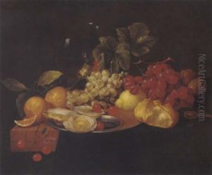 Stillleben Mit Weintrauben, Orangen, Austern Und Einem Weinglas by Alexander Coosemans