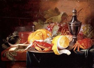 A Still Life With Grapes, A Lemon, Crabs And Bread Upon Pewter Dishes With A Silver Salt On A Wooden Table by Alexander Coosemans