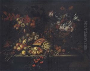 Nature Morte Au Bouquet De Fleurs Et Fruits Sur Un Entablement by Alexander Coosemans