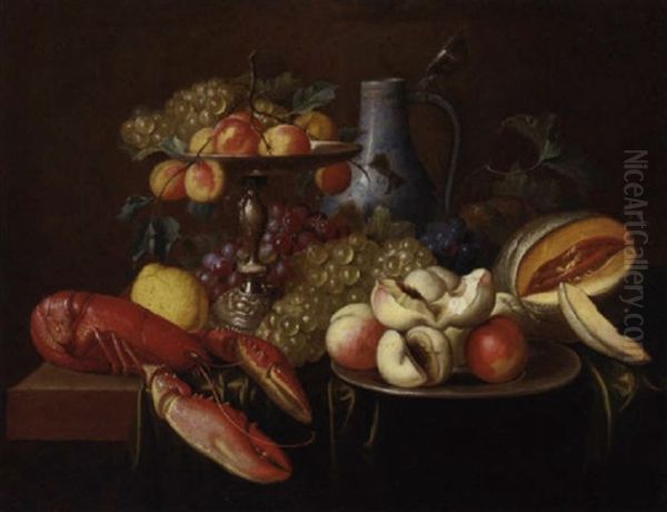 Peaches And Grapes On A Silver Tazza, A Porcelain Ewer And Peaches On A Silver Platter With A Lobster, Lemon, Bunches Of Grapes And A Melon On A Table - view 1
